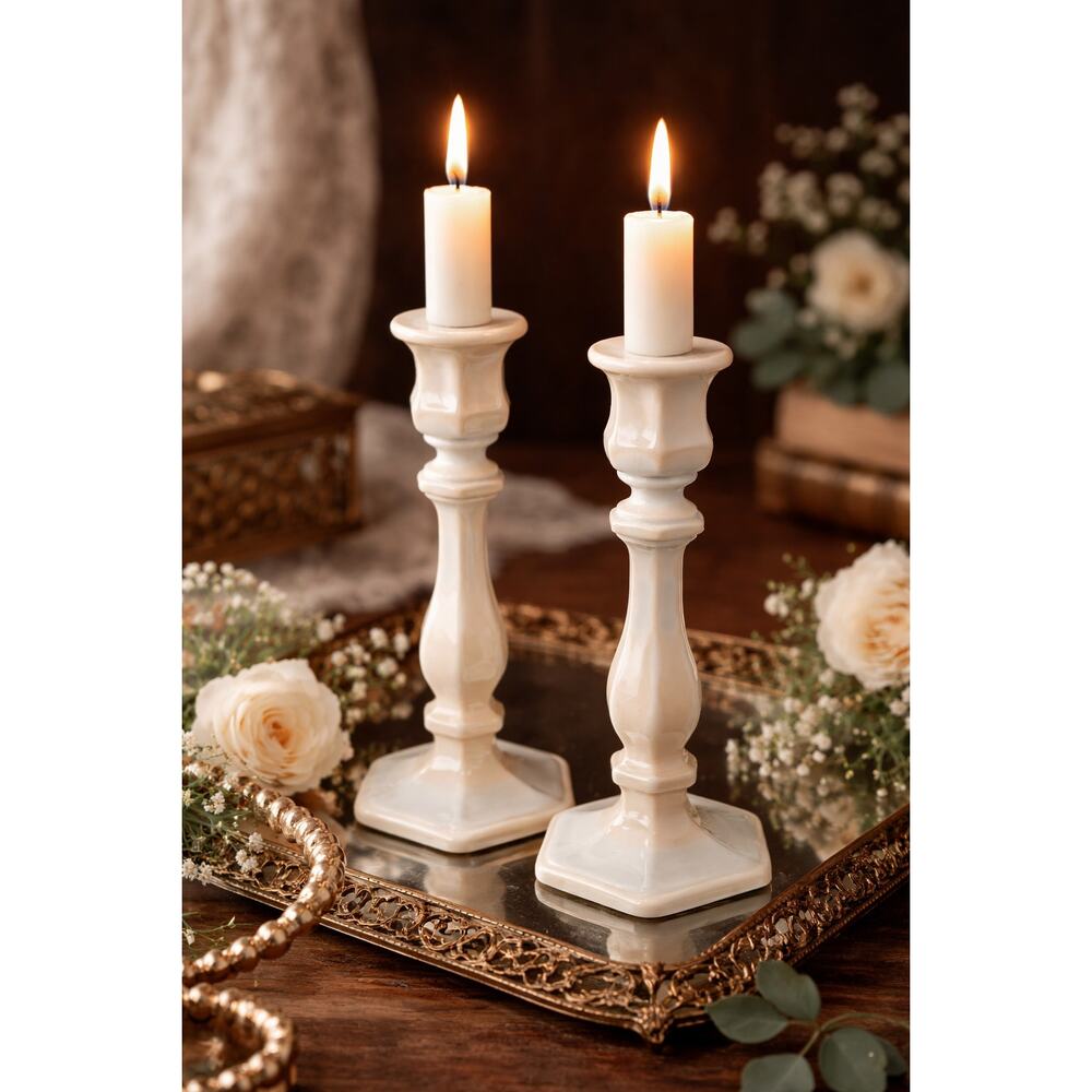 Mosser Glass Marble Candlesticks pair